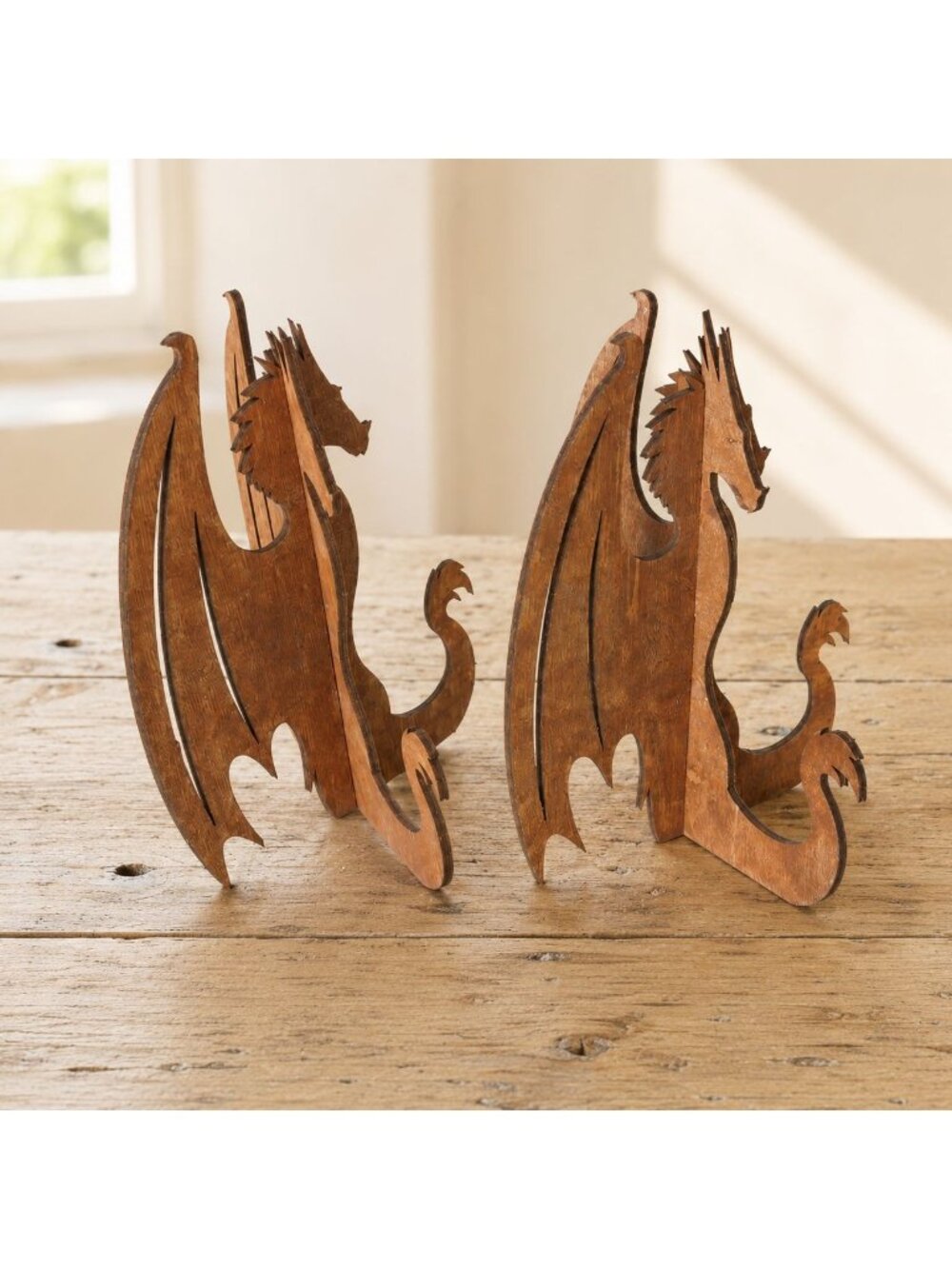 Wood Dragon Display Stands Set of 2 Laser Cut Hand Stained Fantasy Décor
